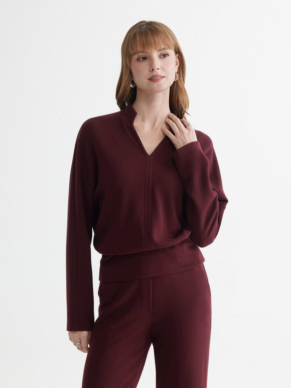 OGLmove MaxWarm V-Neck Stand Collar Banded Hem Top Sangria Red XXS