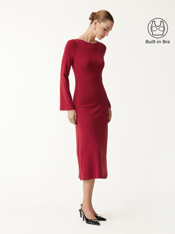 OGLmove Eco-Mousse® Boatneck Bell Sleeve Midi Bra Dress Brick XXS