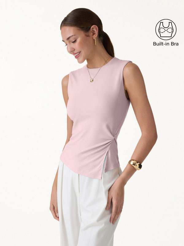OGLmove Round Neck Twisted Bra Tank with Slit Light Pink XS
