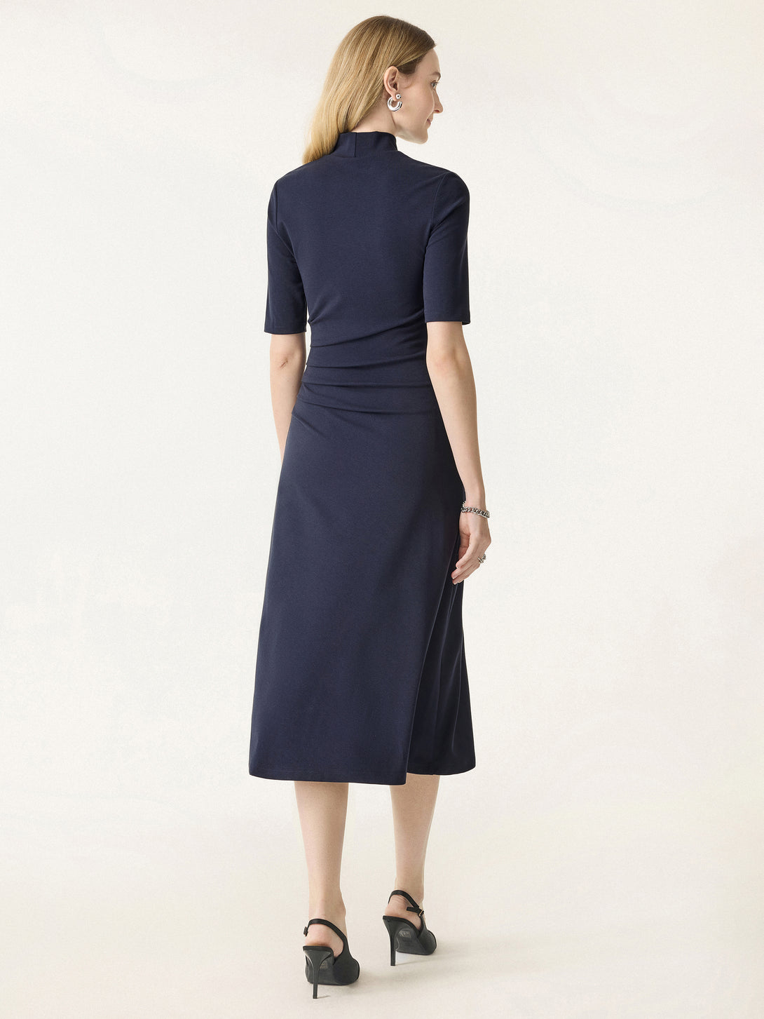 Mockneck Elbow Length Sleeve Tucked Midi Dress