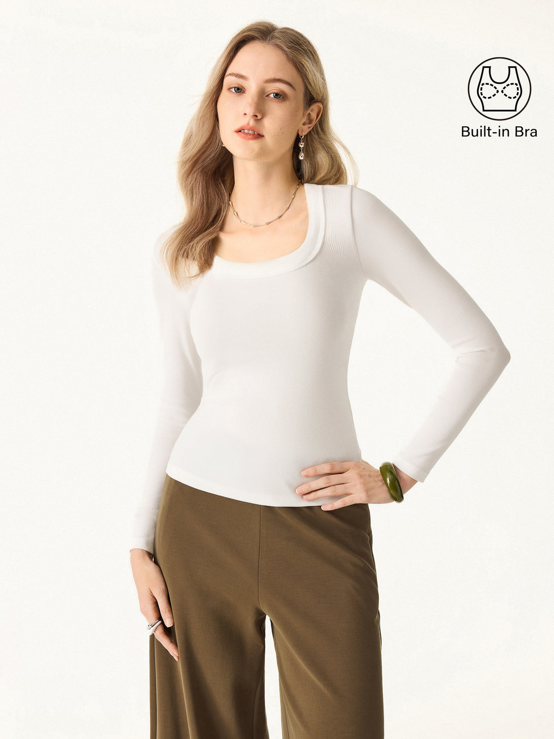 Essential Round Neck Ribbed Long Sleeve Brami White XS