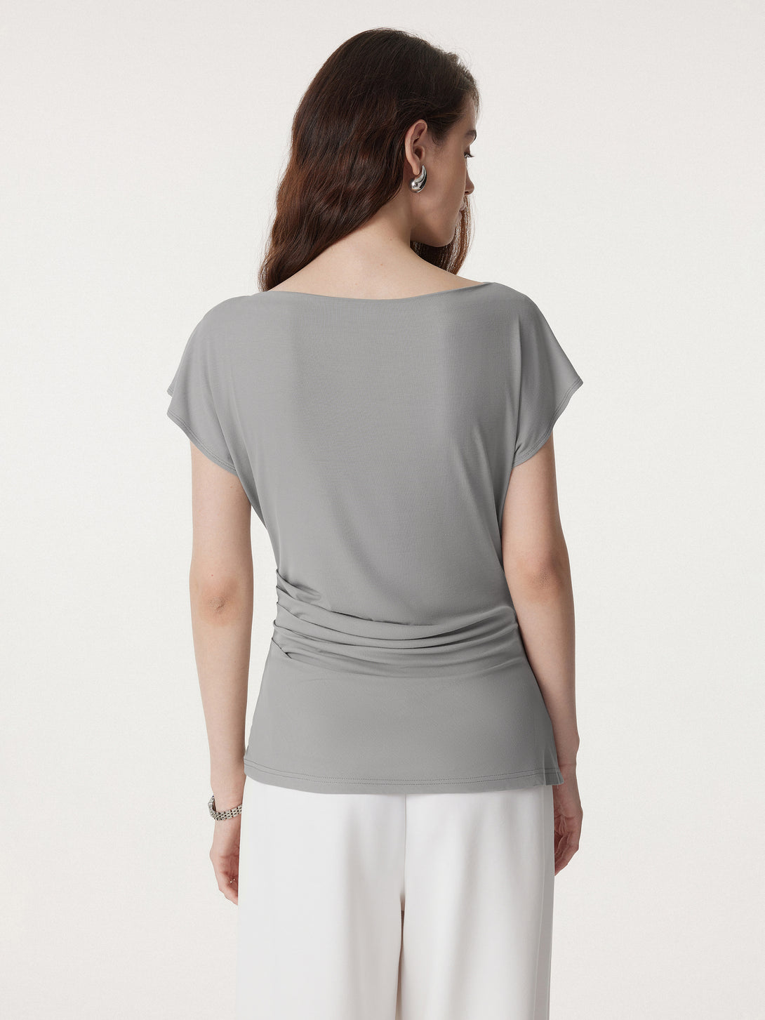 2Pcs Set Boatneck Flutter Sleeve Long Tee & Non-sheer Mid Rise Trouser with Pockets