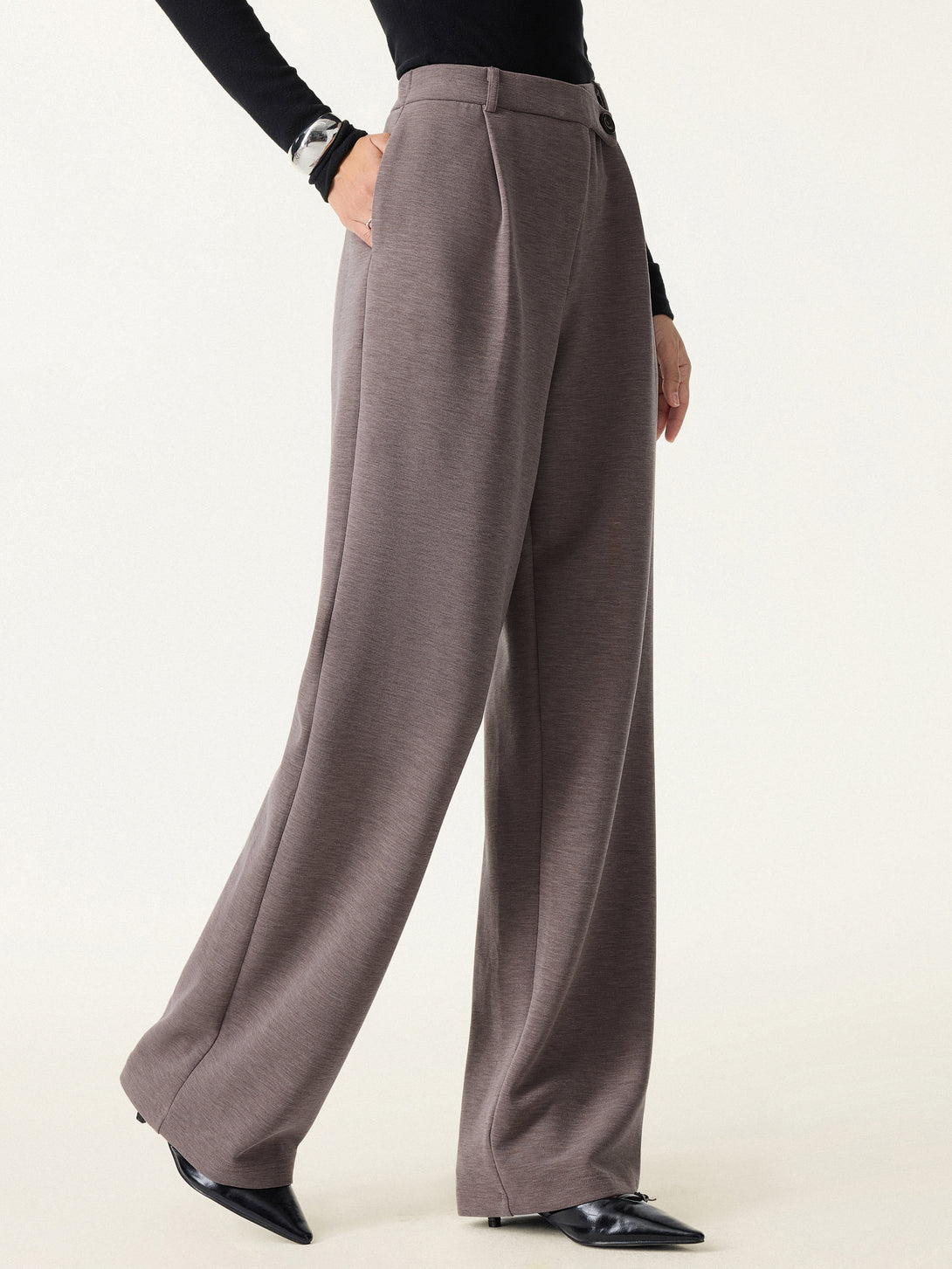 Cozy Warm High Rise Slanted Fly Front Wide Leg Pants