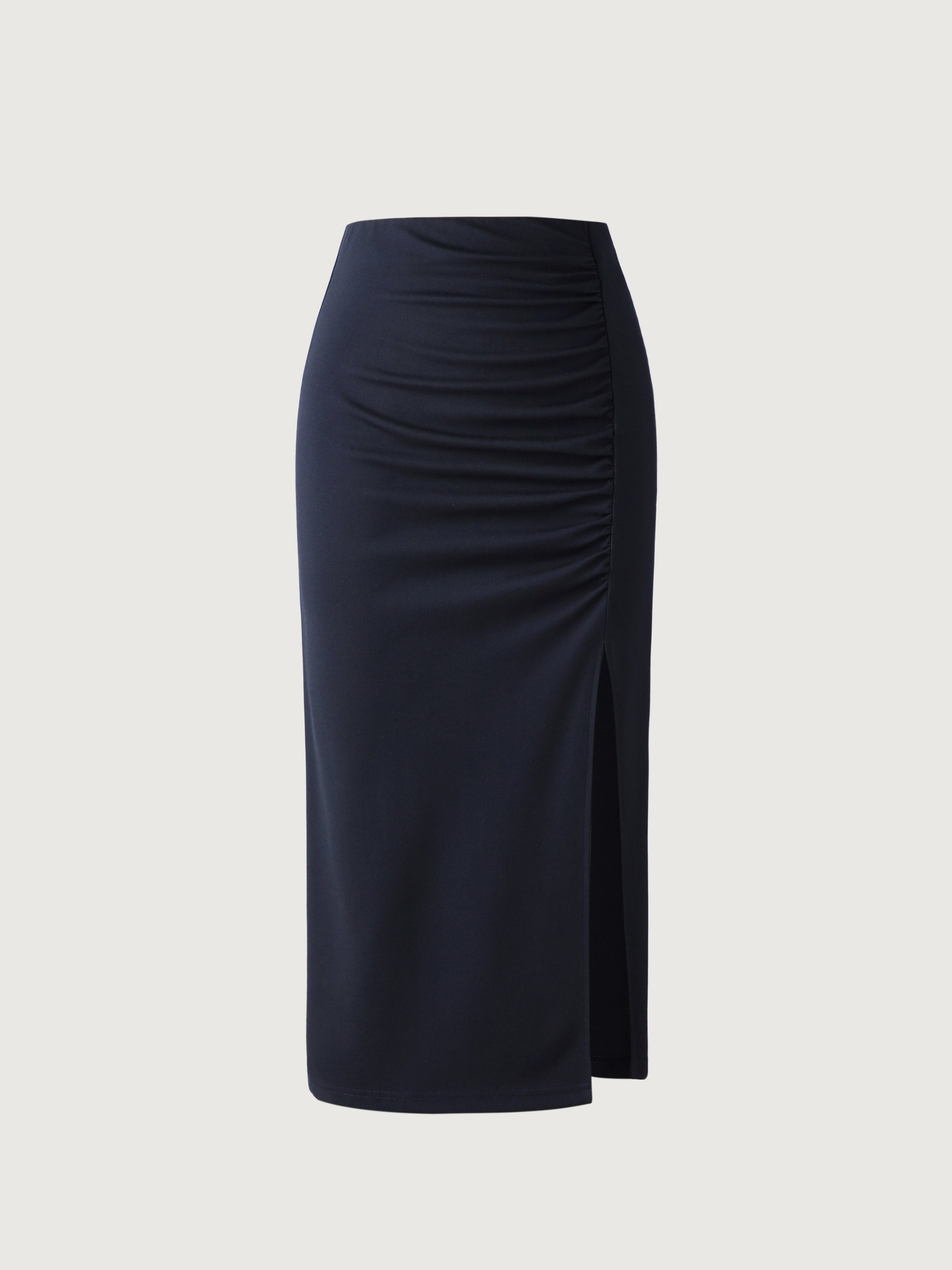 Ruching Slit Midi Skirt - Midnight Navy