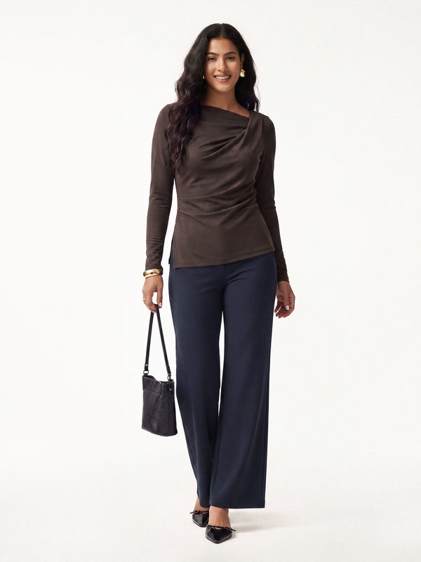 OGLmove 2Pcs Set Asymmetrical Neck Long Sleeve Top & Mid Rise Wide Leg Trouser Cedar Brown/Light Navy XXS