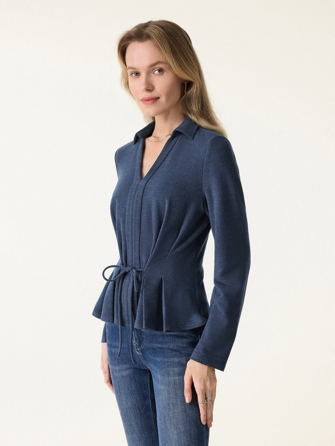 Polo Neck Drawstring Tie Long Sleeve Top