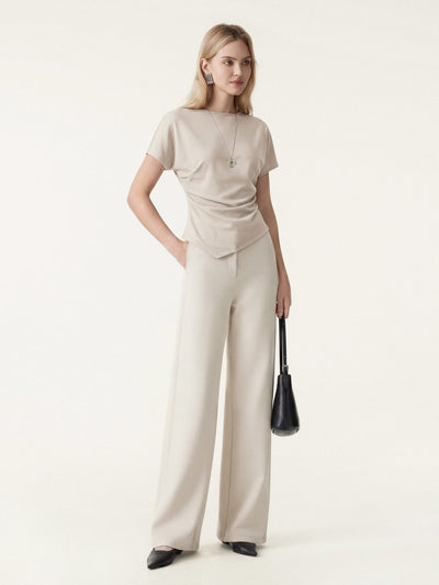 OGLmove 2Pcs Set Boatneck Angled Tee & Mid Rise Wide Leg Trousers Ash Beige/Morning Mist XS
