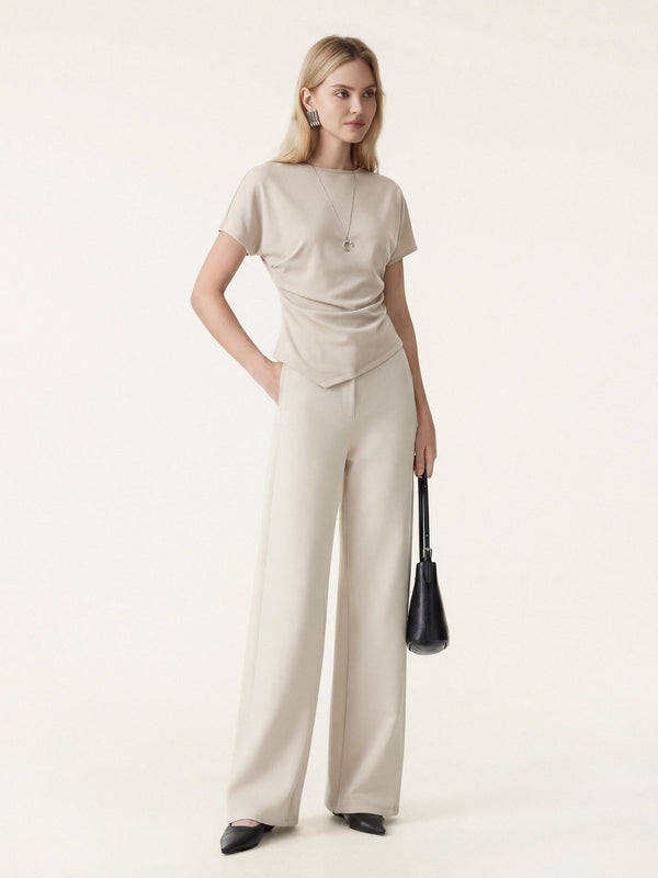 OGLmove 2Pcs Set Boatneck Angled Tee & Mid Rise Wide Leg Trousers Ash Beige/Morning Mist XS