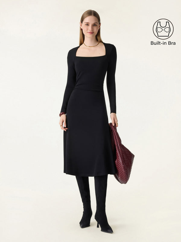 ProWarm Angular Square Neck Fit-and-Flare Midi Brami Dress Black XS