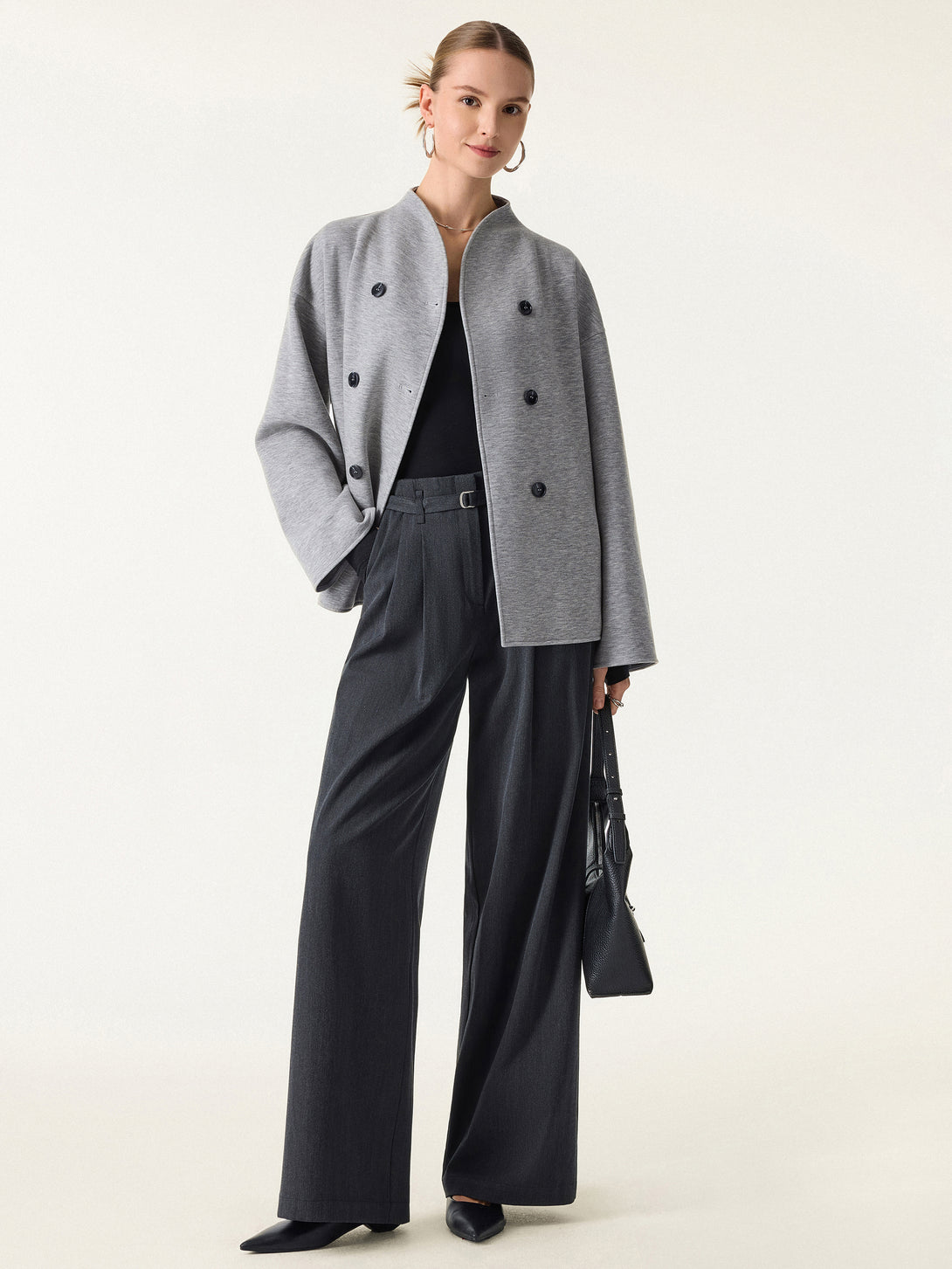 Stand Collar Double-Breasted Knit Jacket with Pockets