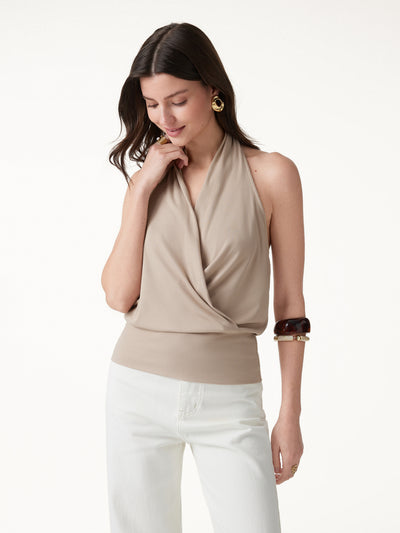 OGLmove Bamboo Blend Halter Neck Relaxed Top Natural Calico Beige XS