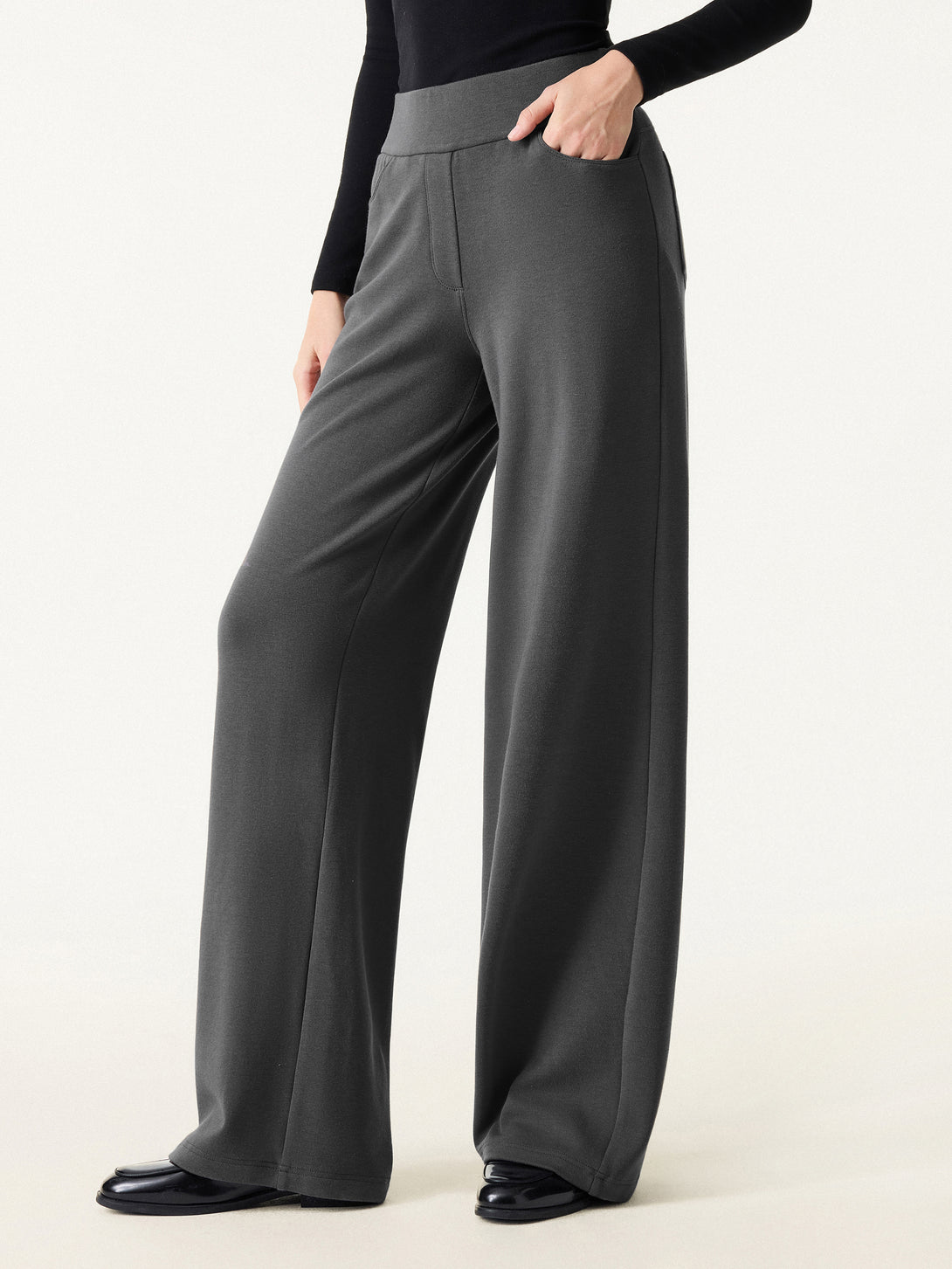 Mid Rise Wide Waistband Wide Leg Pull-on Pants with Pockets