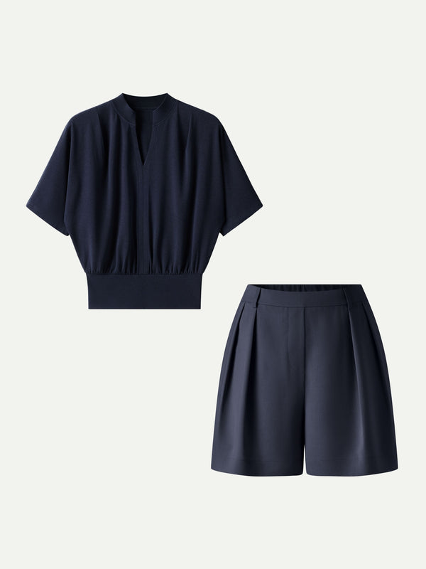 OGLmove 2Pcs Set Stand Collar V-Neck Top & Tailored Shorts with Pockets