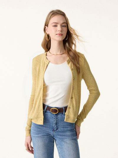 Relaxed Fit Round Neck Button Front Cardigan Heather Rich Gold XS