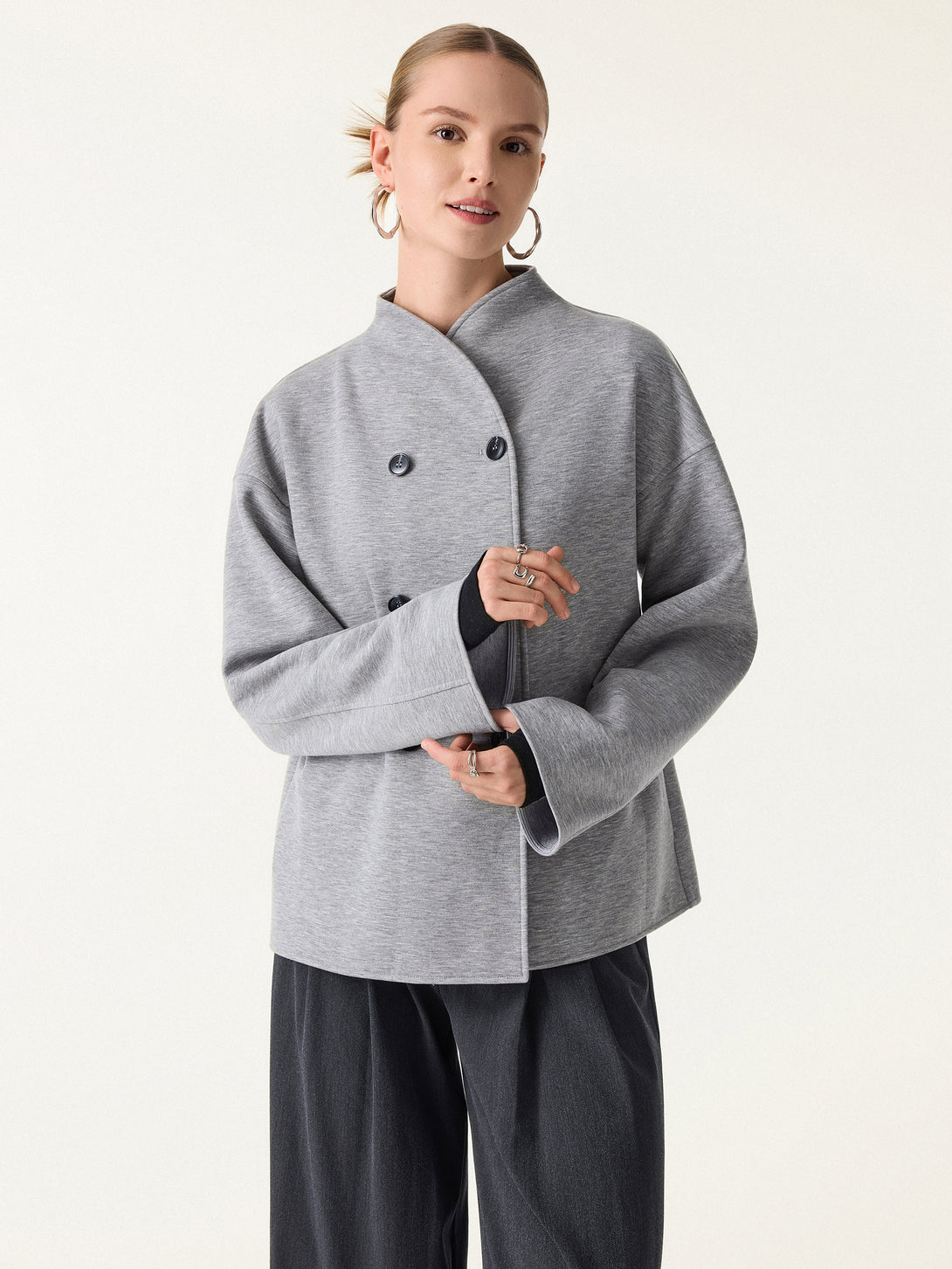 Stand Collar Double-Breasted Knit Jacket with Pockets
