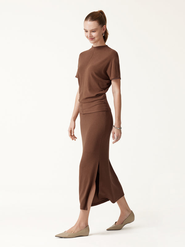 OGLmove 2Pcs Set Mock Neck Cap Sleeve Seamed Top & Mid-Rise Column Midi Skirt Sweet Hazelnut XXS
