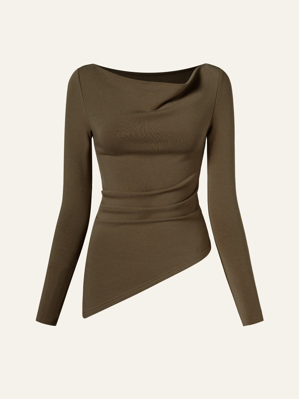 Eco-Mousse®  Cowl Neck Side Ruched Asymmetrical Top