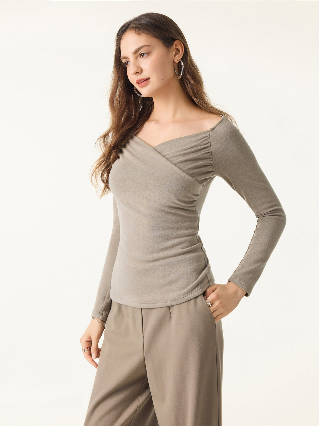 Light Warm Surplice Ruched Long Sleeve Top