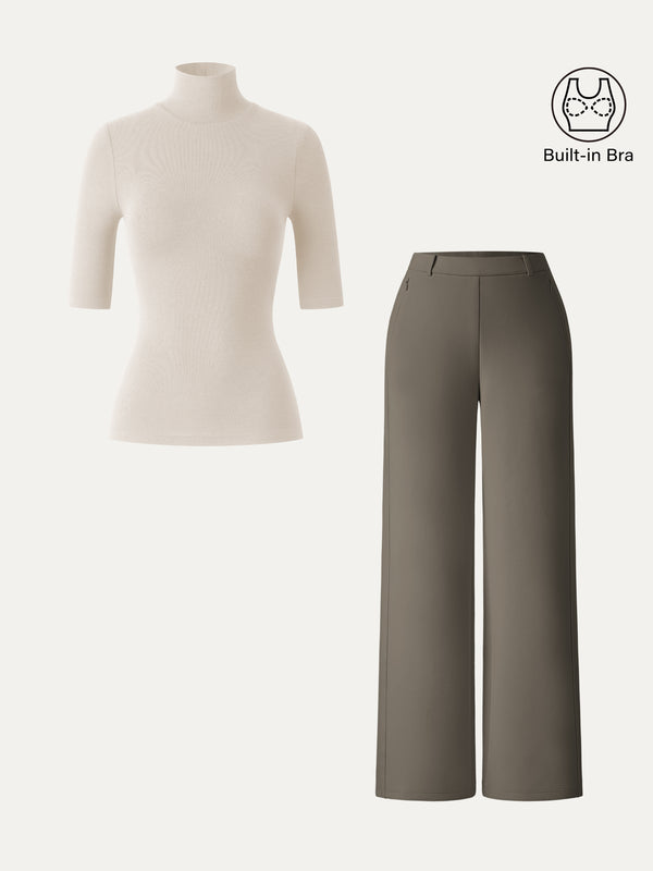 OGLmove 2Pcs Set Turtleneck Bra Tops & High Rise Wide Leg Pant
