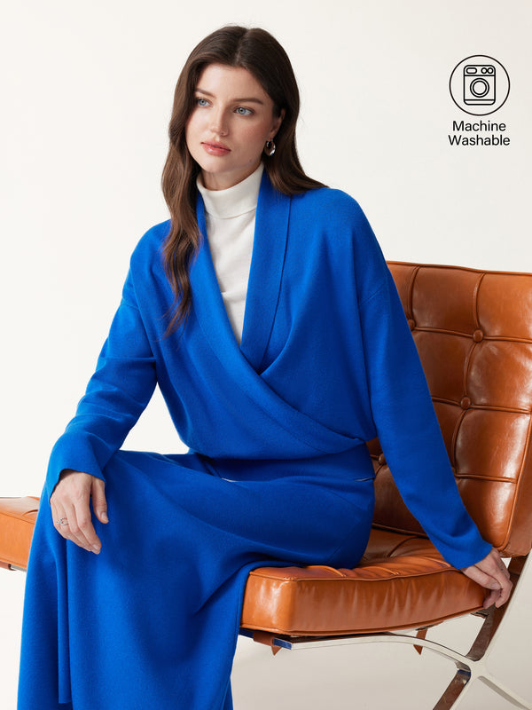 OGLmove 2Pcs Set Merino Wool Blend Cross Shawl Collar Sweater & Drapey High-Rise A-Line Midi Skirt Admiral Blue XS
