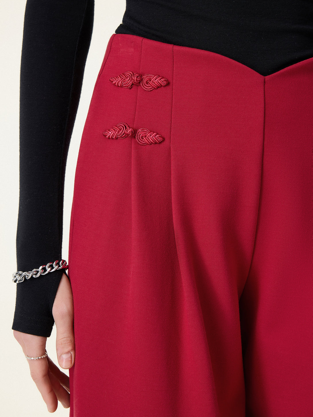 Statement Frog Button High Rise Wide Leg Pants with Pockets