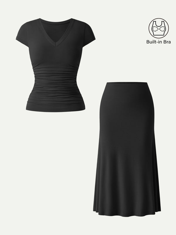 2Pcs Set V-neck Cap Sleeve Brami Tee & Pull-on Mermaid Midi Skirt Black XS