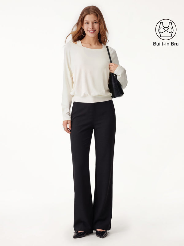 OGLmove 2Pcs Set Multi-Wear Built-In Bra Top 3.0 & Slim Flared Pants with Pockets Off White/Pure Black XXS