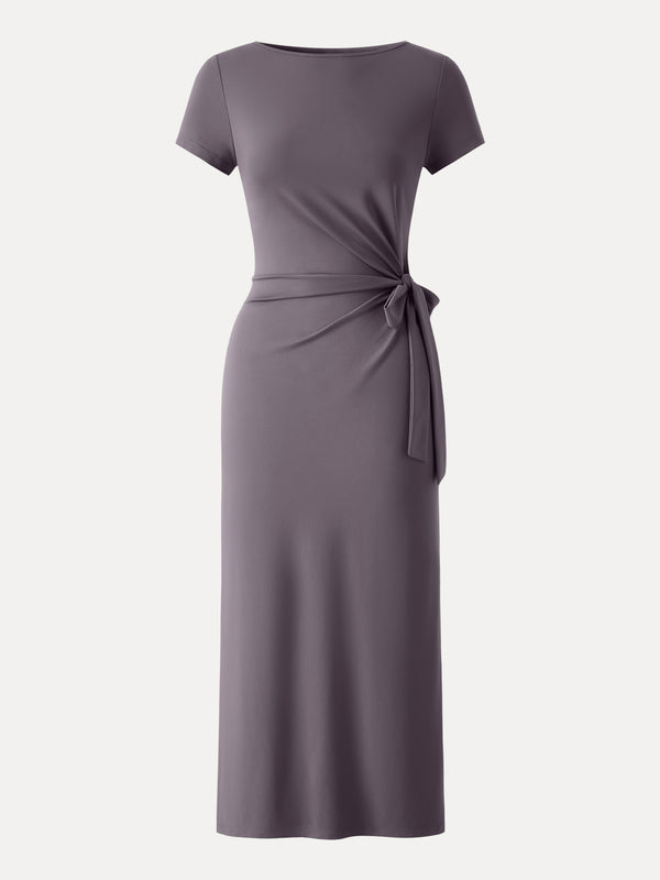 side tie midi dress Casual Regular Fit Purple Gloam/L Midi Dresses Relaxed Sleeves Short Sleeves Boat Neck Women Dresses OGLmove