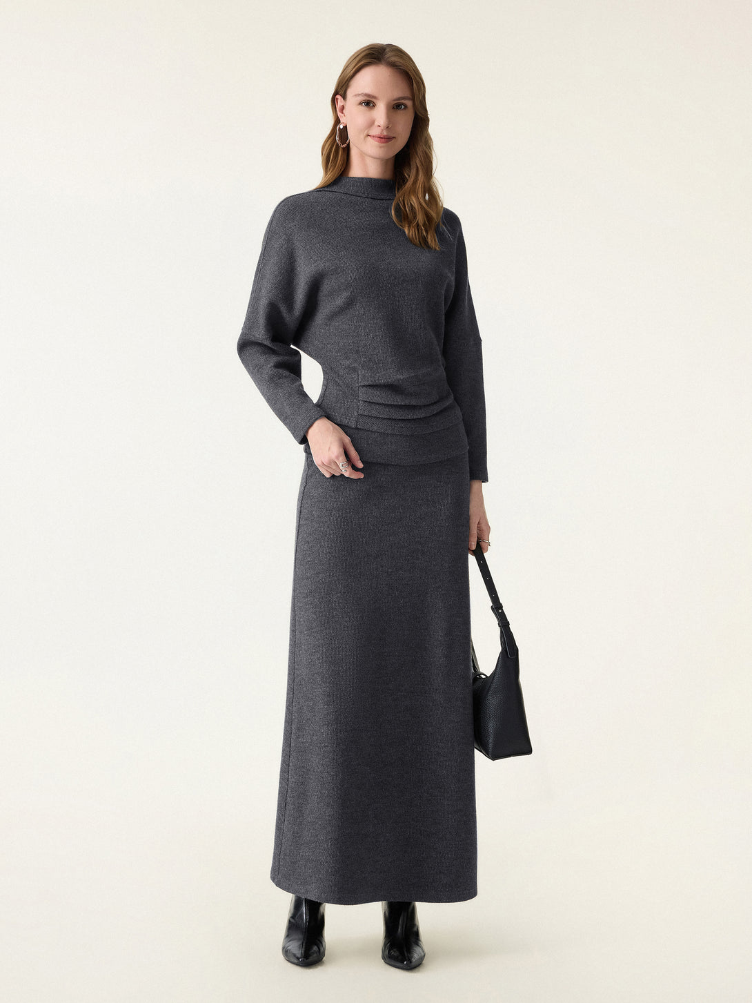 Cozy Ribbed Fold-Down Waistband A-line Maxi Skirt