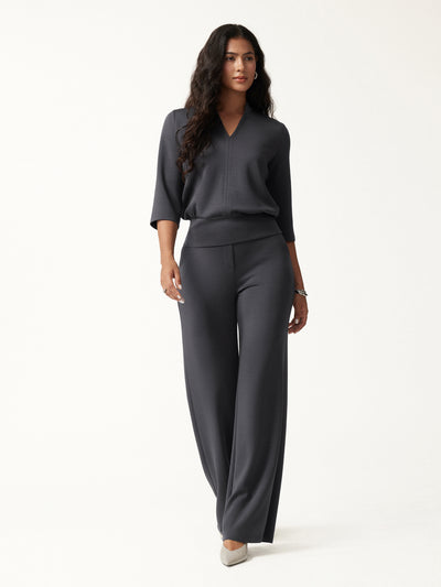 OGLmove 2Pcs Set V-Neck Elbow Sleeve Top & High-Rise Wide Leg Pants with Pockets Blue Charcoal XXS