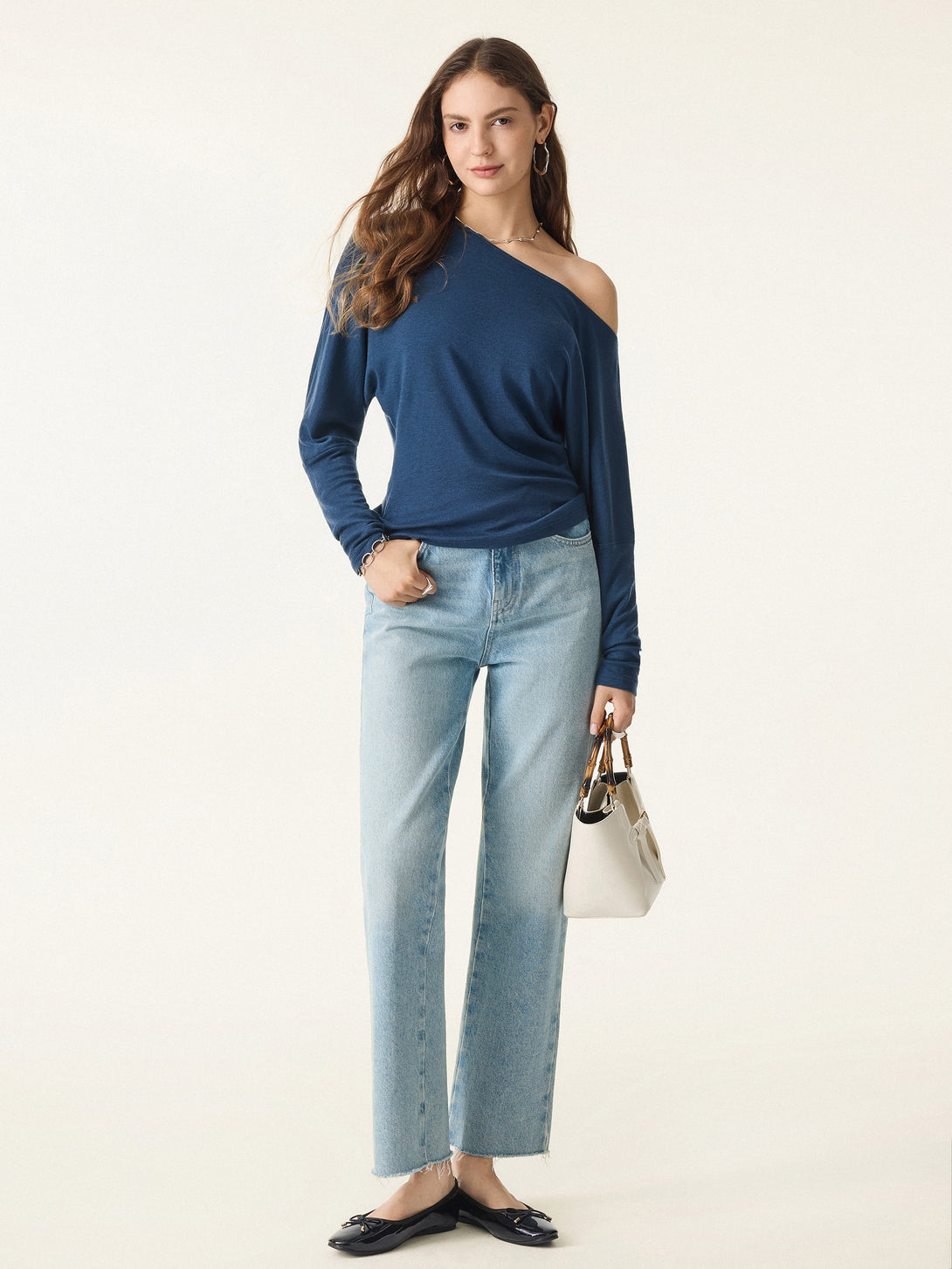 Lyocell Cashmere Cold-Shoulder Semi-Sheer Top Ink Blue XS