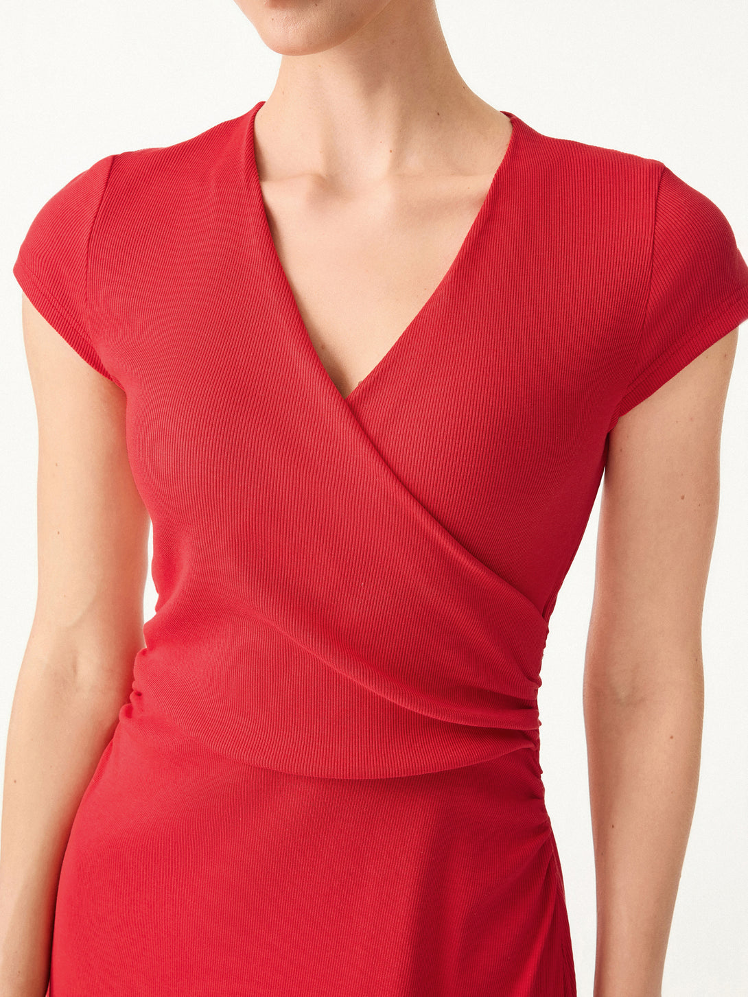 Stretch Cotton Surplice V-neck Cap Sleeve Midi Dress