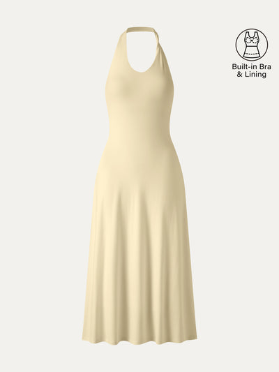 OGLmove Ponte Halter Neck Open Back Bra Dress Pale Yellow XS