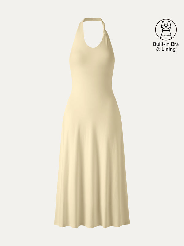 OGLmove Ponte Halter Neck Open Back Bra Dress Pale Yellow XS