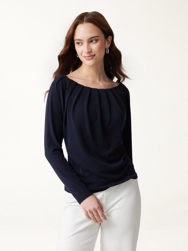 OGLmove LiteWarm Boatneck Long Sleeve Tucked Banded Hem Top Black Navy XXS