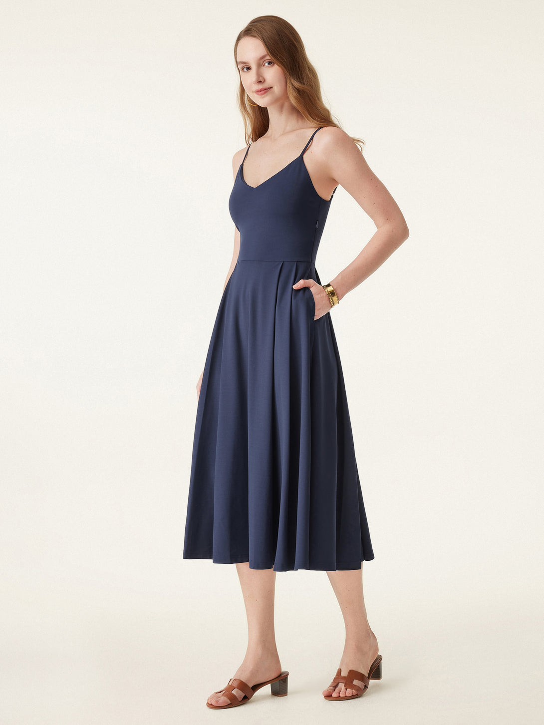 Bamboo Ponte V-neck Fit-and-flare Midi Brami Sundress with Pockets