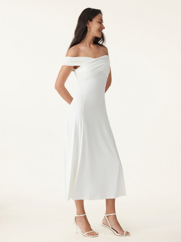 white off shoulder flowy dress Uscallm Women Plus Size Off Shoulder Short Sleeve High Low Flowy Casual Maxi Dress Solid Boho Beach Vacation Swing Long Dresses, White 2XL, Women's