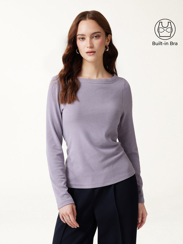 OGLmove LiteWarm Boatneck Long Sleeve Built-In Bra Top Purple Fog XXS