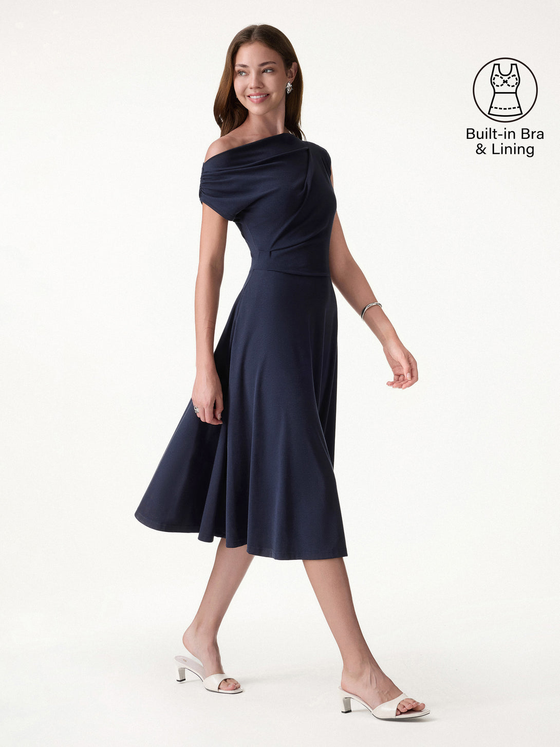 Casual Going Out Regular Fit Navy/M Midi Dresses Fitted Sleeves Short Sleeves Asymmetrical Shoulder Women Dresses OGLmove
