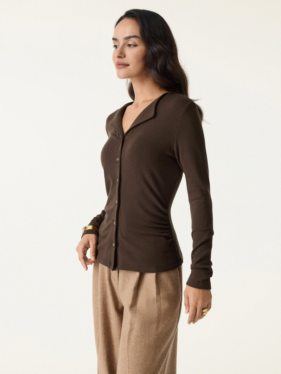 Button Front Side Ruched Top