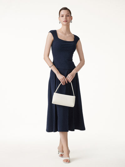 OGLmove 2Pcs Set Square Neck Bra Top&Midi Skirt with Pockets Navy/White Polka Dot XS