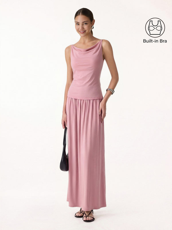 OGLmove 2Pcs Set Cowl Neck Bra Tank & A-Line Maxi Skirt with Pockets Pink Pearl XS