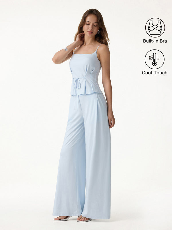 OGLmove 2Pcs Set Spaghetti Brami & Wide Leg Pants with Pockets