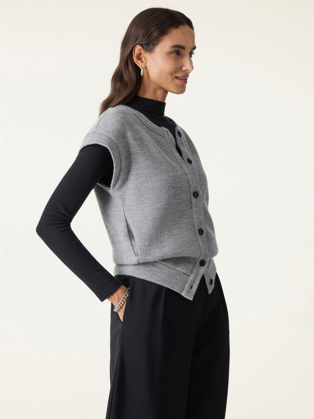 Cozy Crewneck Button Front Vest with Banded Hem