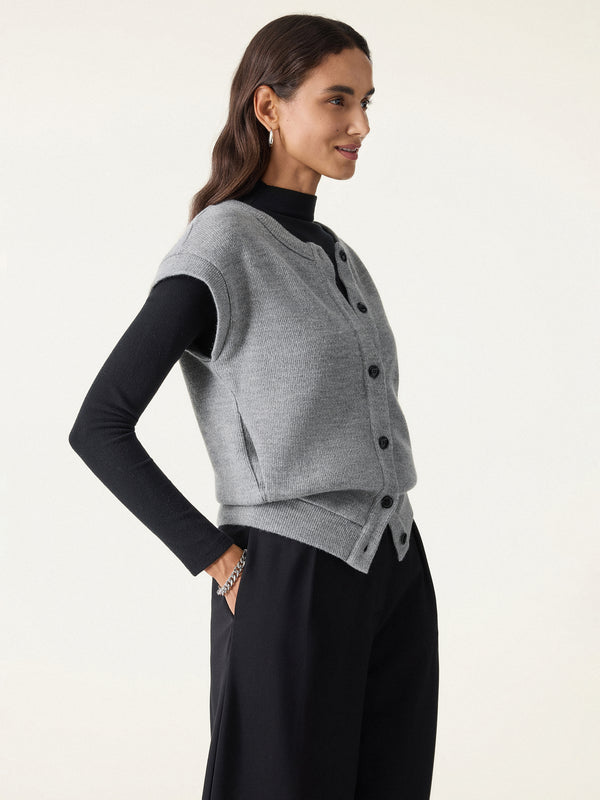 Cozy Crewneck Button Front Vest with Banded Hem