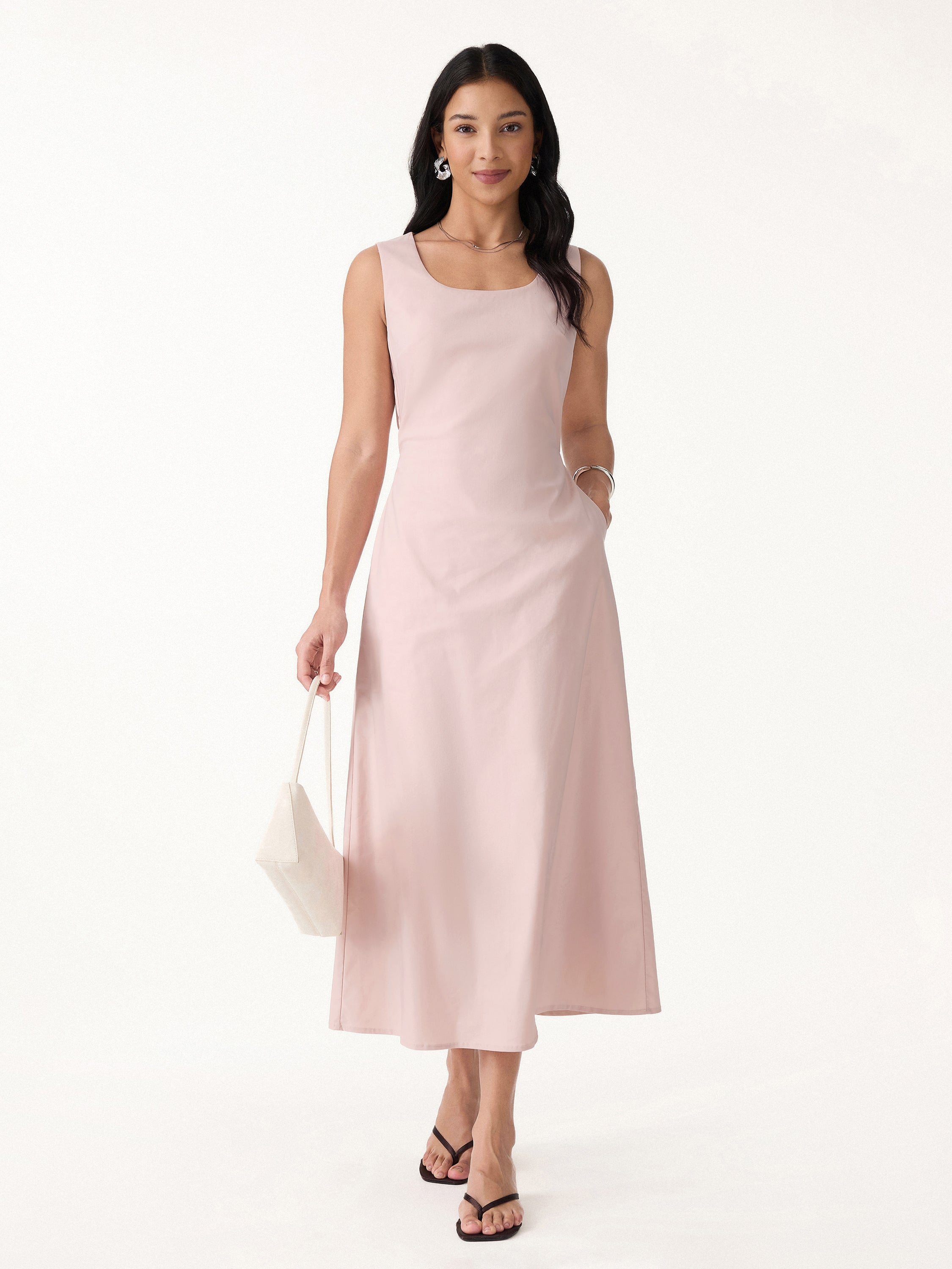 Linen Blend U Neck Maxi Dress Pockets