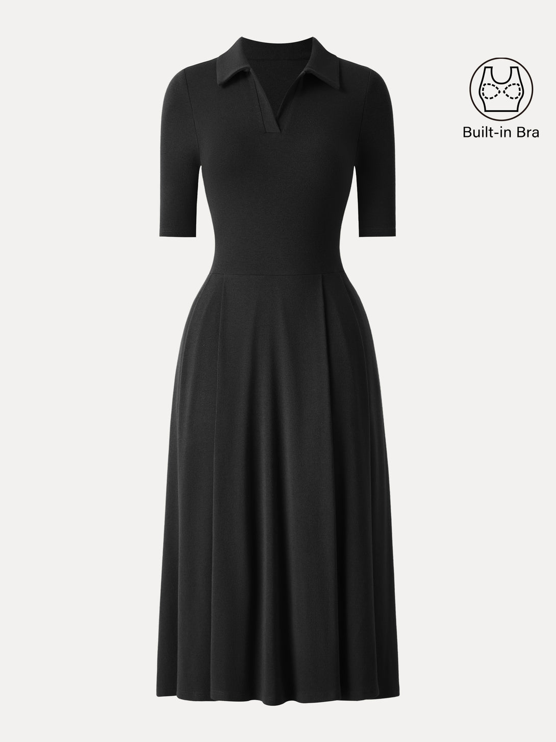 Polo Neck Elbow Length Sleeve Midi Brami Dress with Pockets Black XS