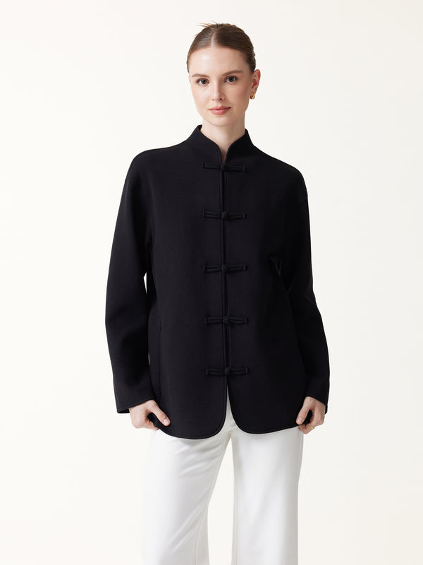 OGLmove FuzzLuxe Mandarin Collar Frog-Button Jacket with Pockets Black XXS