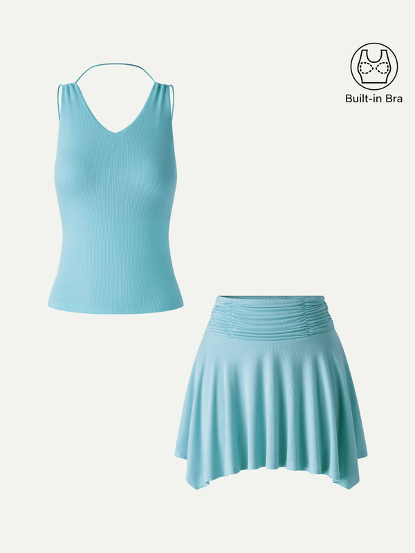 OGLmove 2Pcs Set CoolTouch Spaghetti Brami & Playful Mini SkIrt Iced Aqua Blue XS