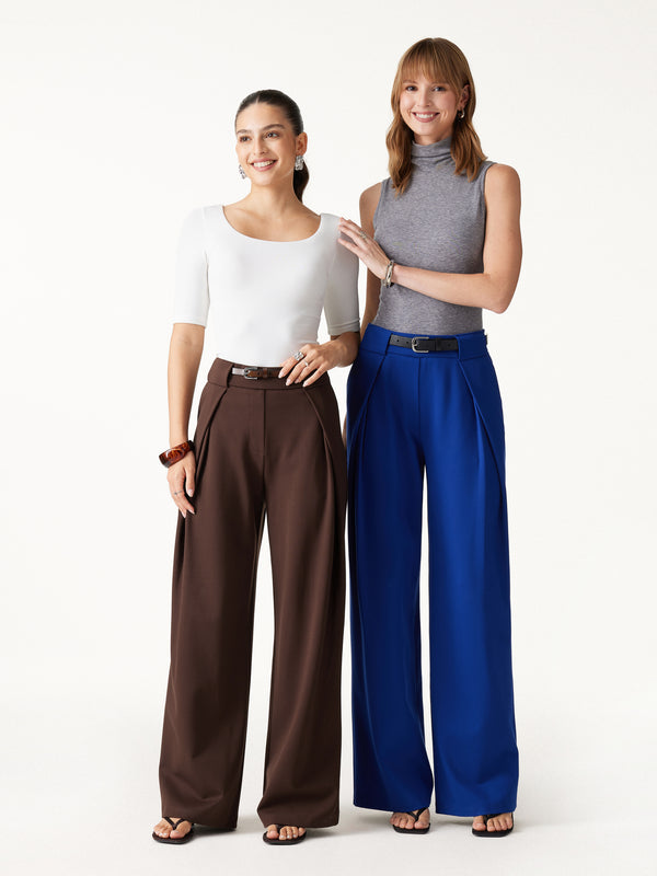 OGLmove Ponte Mid-Rise Wide-Leg Tuck Pants with Pockets